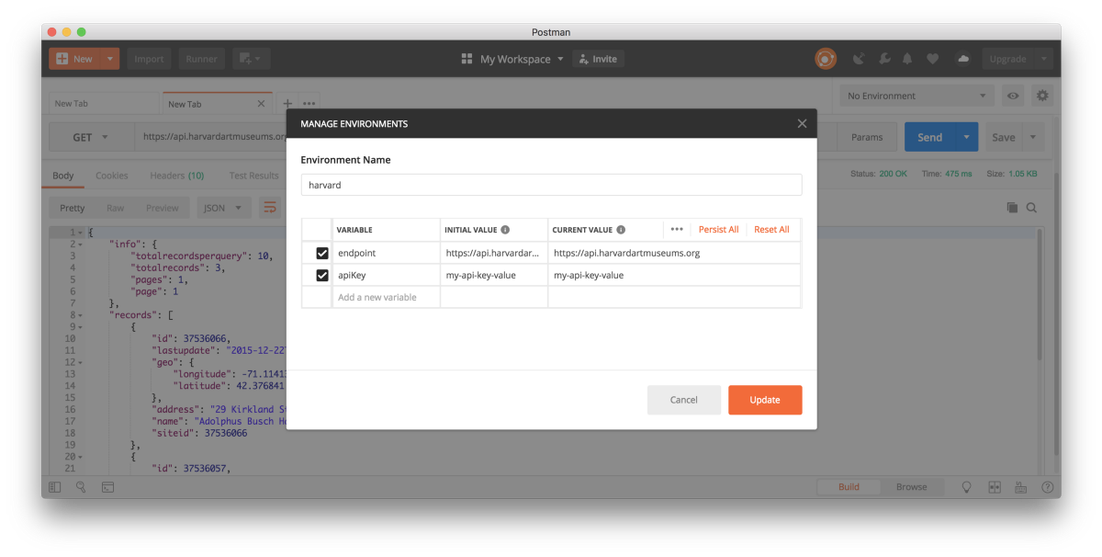 Managing a new environment called “harvard” , specifying the endpoint and API key as variables