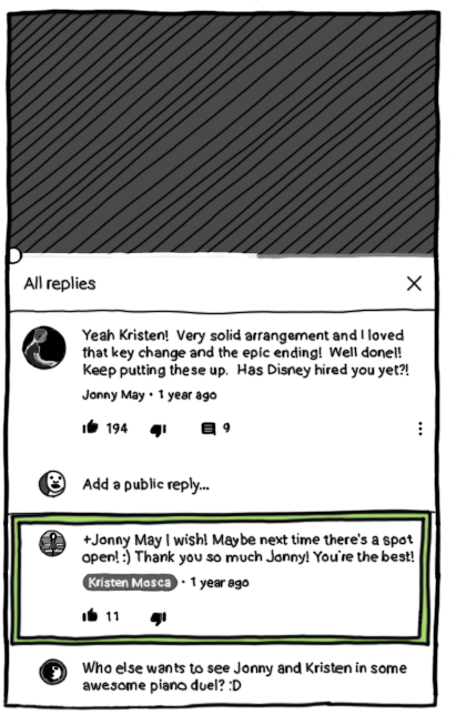 Comment thread in YouTube, one comment is focused in TalkBack