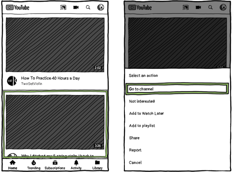 Left: item selected by TalkBack, right: dialog showing available actions for that selected item