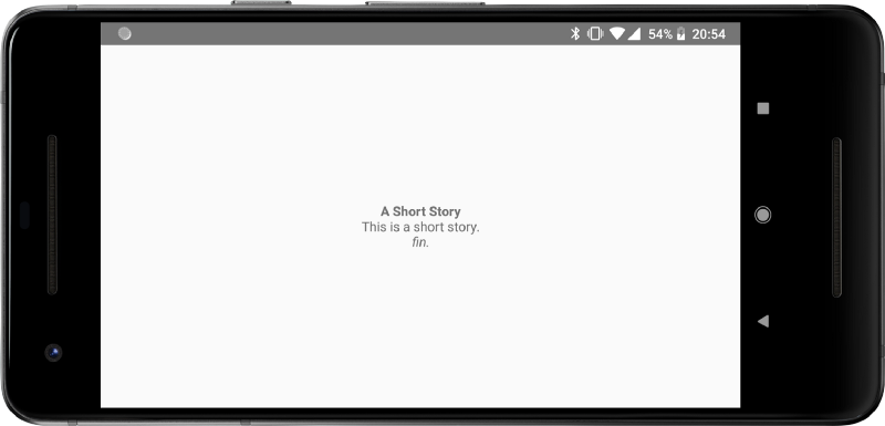 An app showing three lines: “A Short Story”, “This is a short story” and “fin.”, each with a different visual style