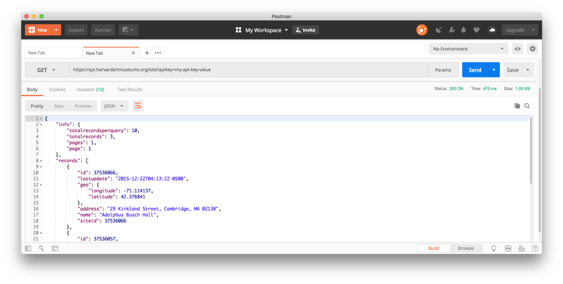 GET request in Postman with the endpoint, path and query param for the api key specified, under “No Environment”