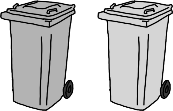 Two wheeled-bins side by side, with a barely distinguishable change in color from each other
